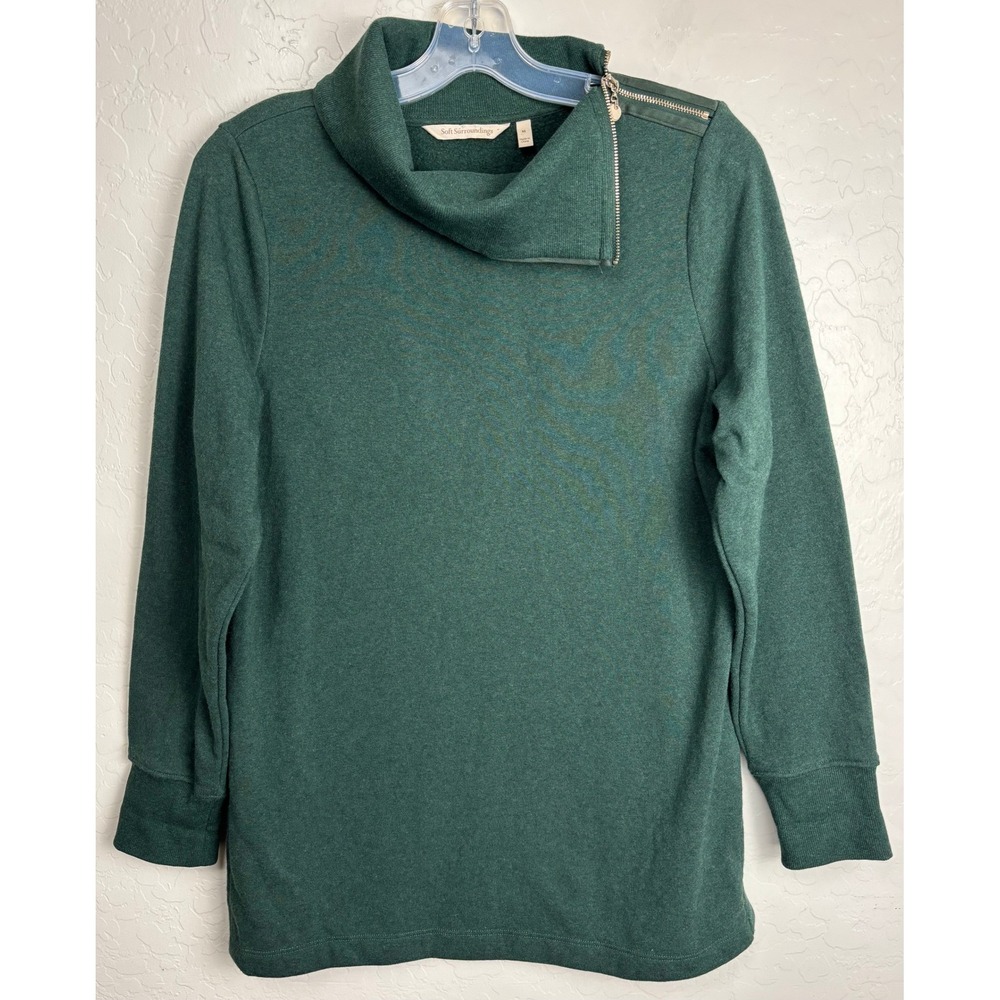 Soft Surroundings Forest Green Asymmetrical Zip Mock Neck Pullover Size M 2424